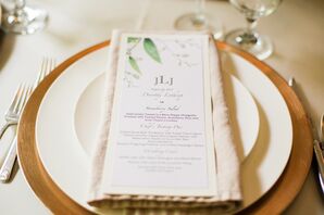 Wedding Reception Dinner Menus with Greenery Detailing and Gold Chargers