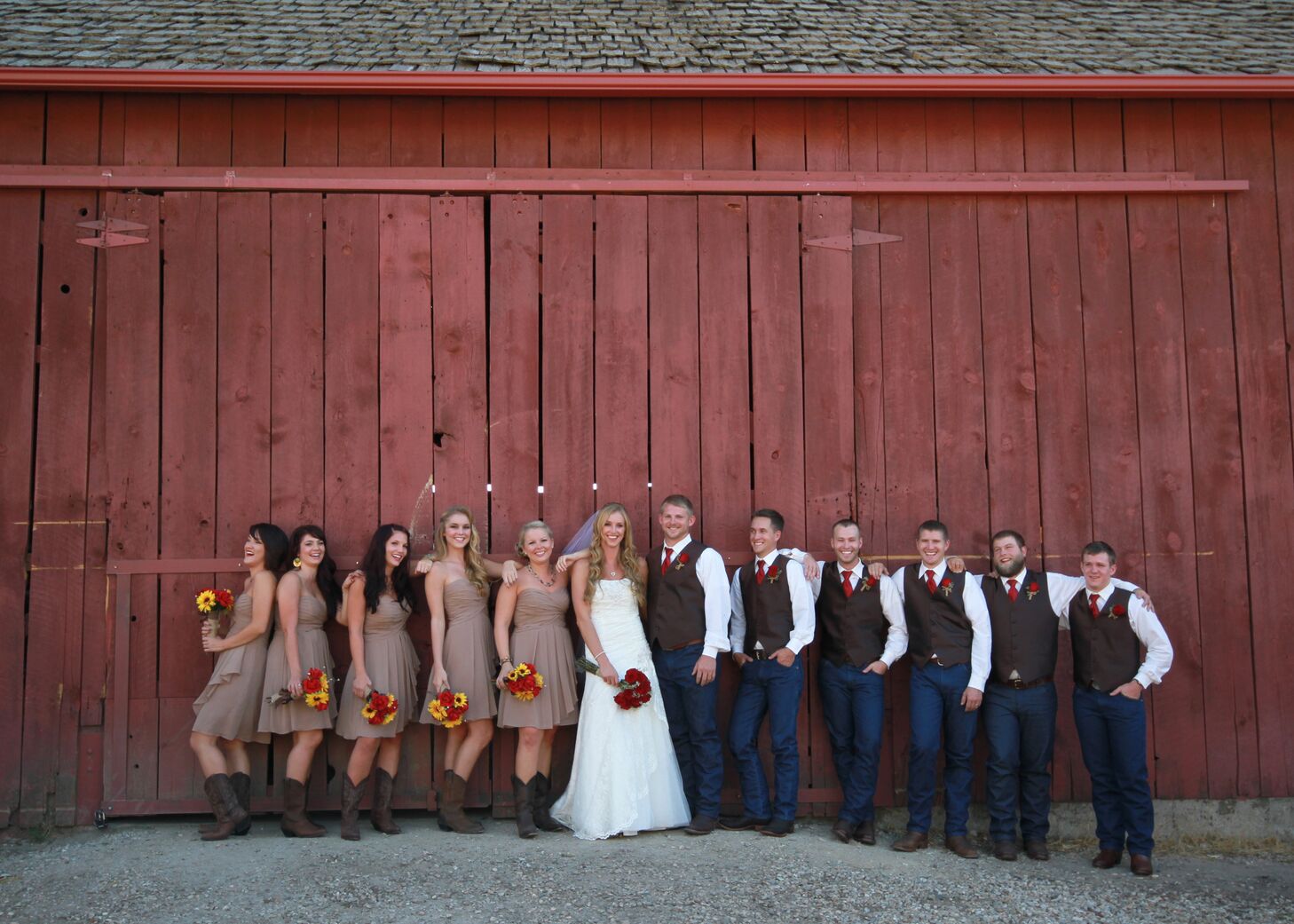 brown taupe bridesmaid dresses with groomsmen