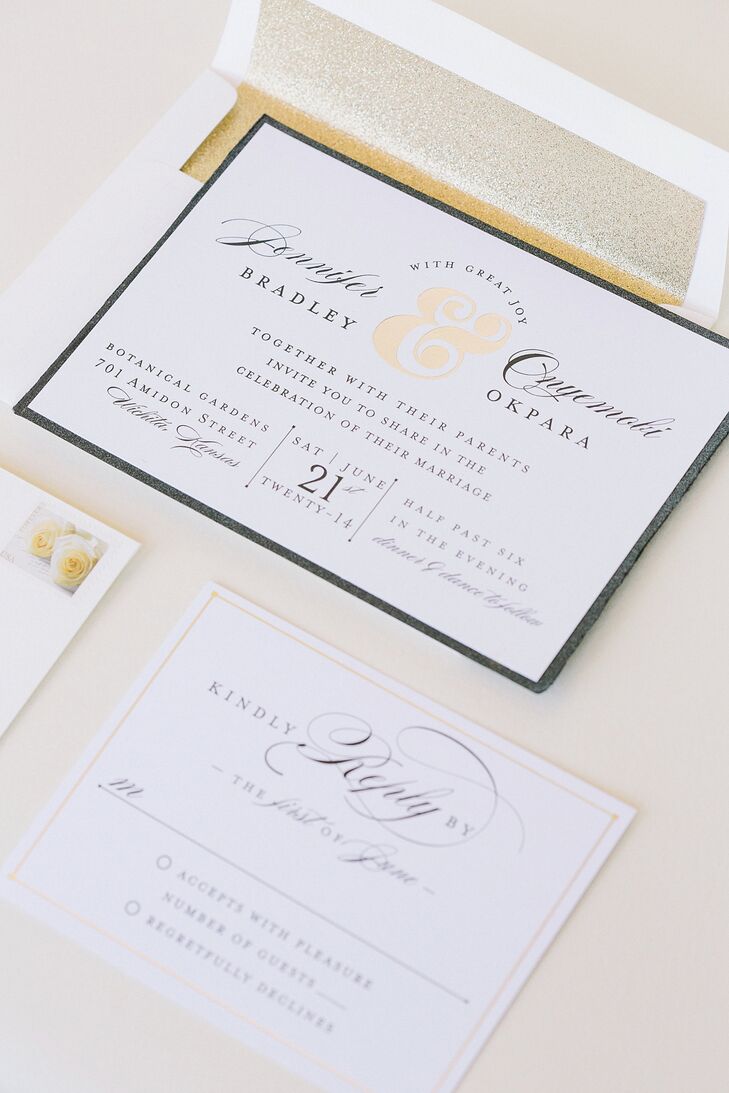 With the help of Minted, the couple created glamorous gold foil pressed invitations with black lettering on ivory paper. They completed the look with a glittery gold envelope liner and calligraphy addresses.