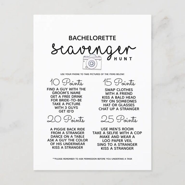 Bachelorette scavenger hunt game from Zazzle. 