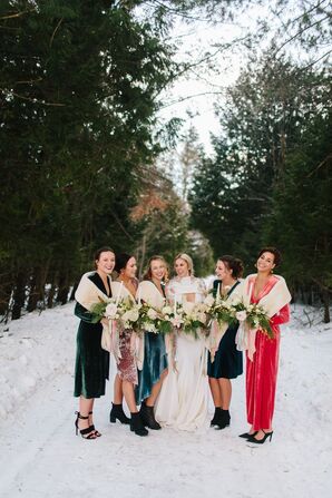 Bridal Party With Colorful Dresses and Shawls in the Snow