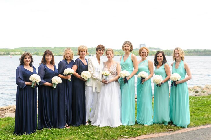 Long Classic Mint and Navy Bridesmaid Dresses