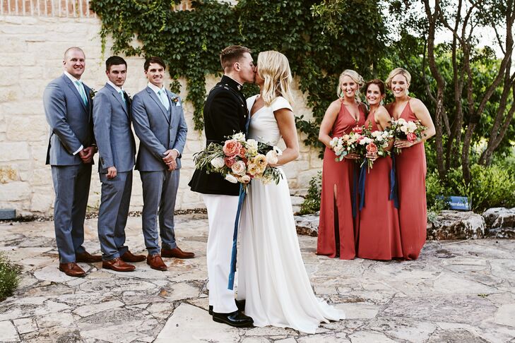 Chic Gray Suits and Long Red Bridesmaid Dresses