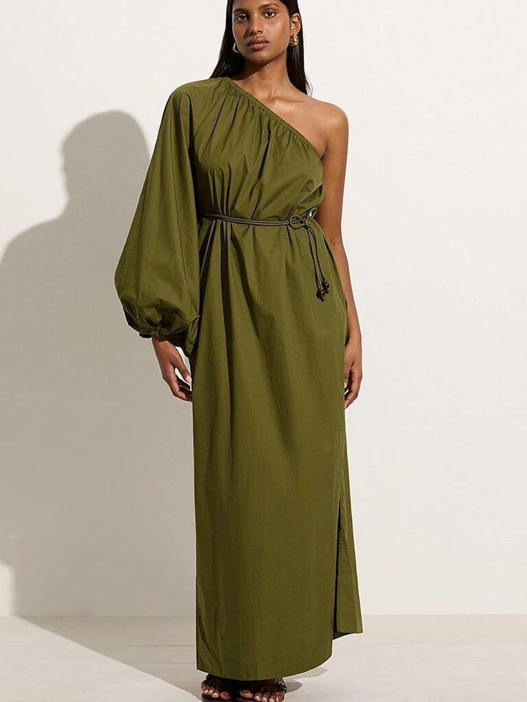 One-shoulder maxi dress in olive green from Faithfull The Brand