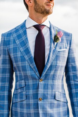 Blue Check Suit With Purple Tie and Tulip Boutonniere