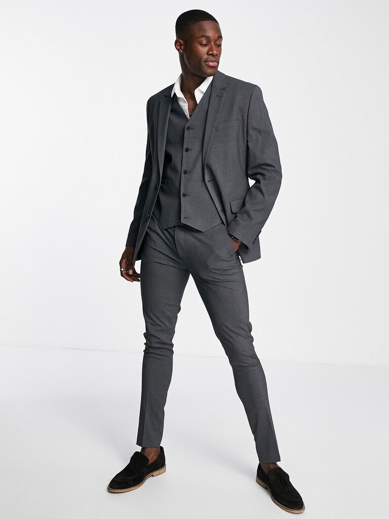 ASOS charcoal suit jacket, vest and fitted pants for men's black-tie optional attire