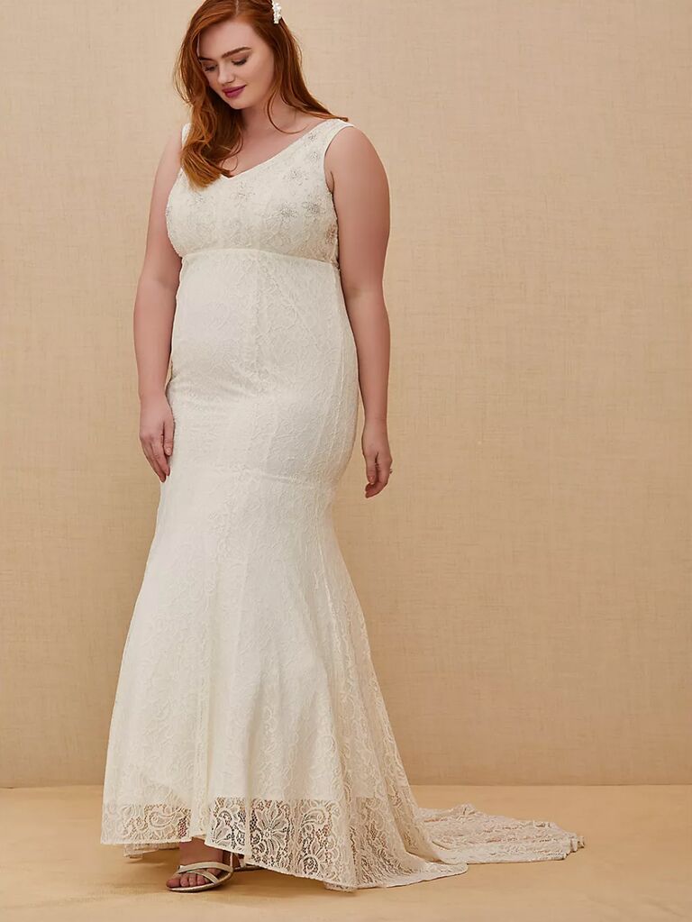 Torrid ivory lace beaded sleeveless mermaid wedding dress