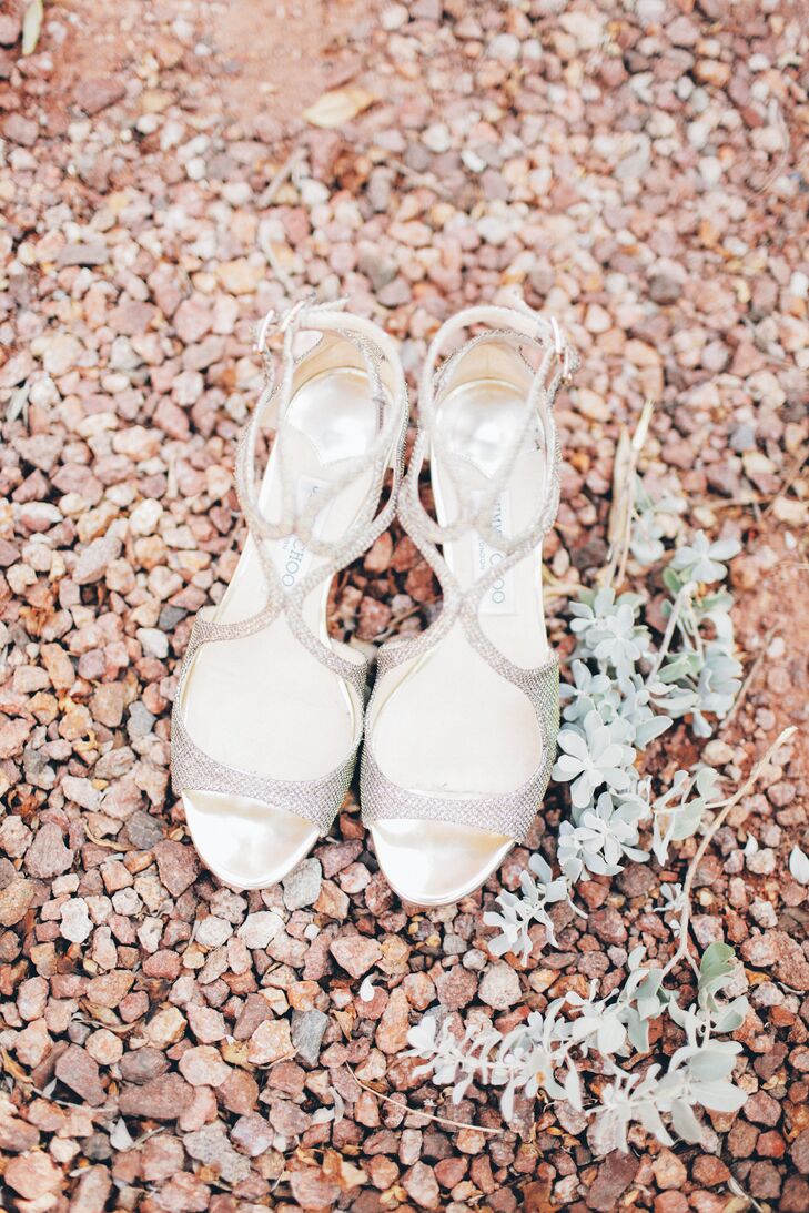 Strappy sandals add sophistication to the bride's ensemble.