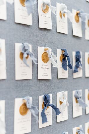 Classic Escort Cards With Blue Ribbon and Gold Wax Seals