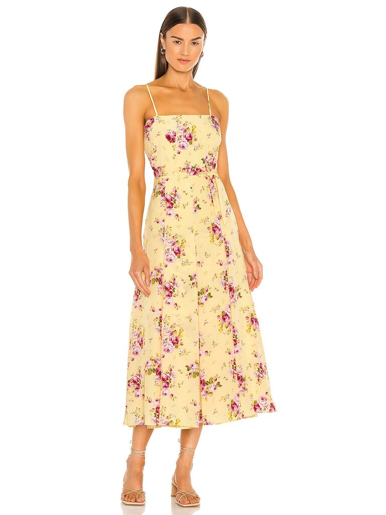 revolve pale yellow red and purple floral garden wedding bridesmaid dress
