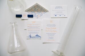 Illustrated Blue and Orange Wedding Invitation