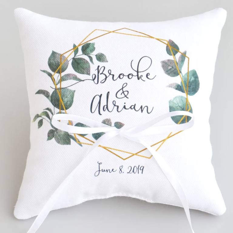 Personalized ring bearer pillow with greenery and gold detail
