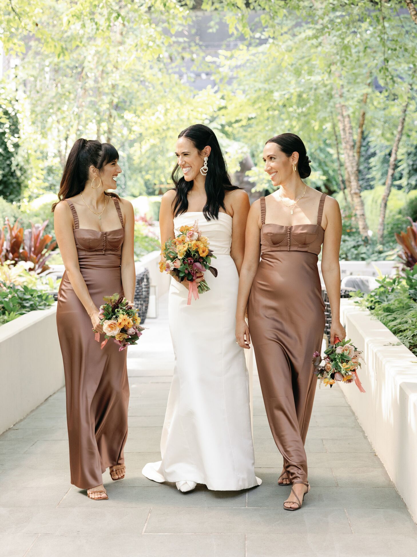 Bride in Column Gown and Bridesmaids in Light Brown Dresses, Bouquets