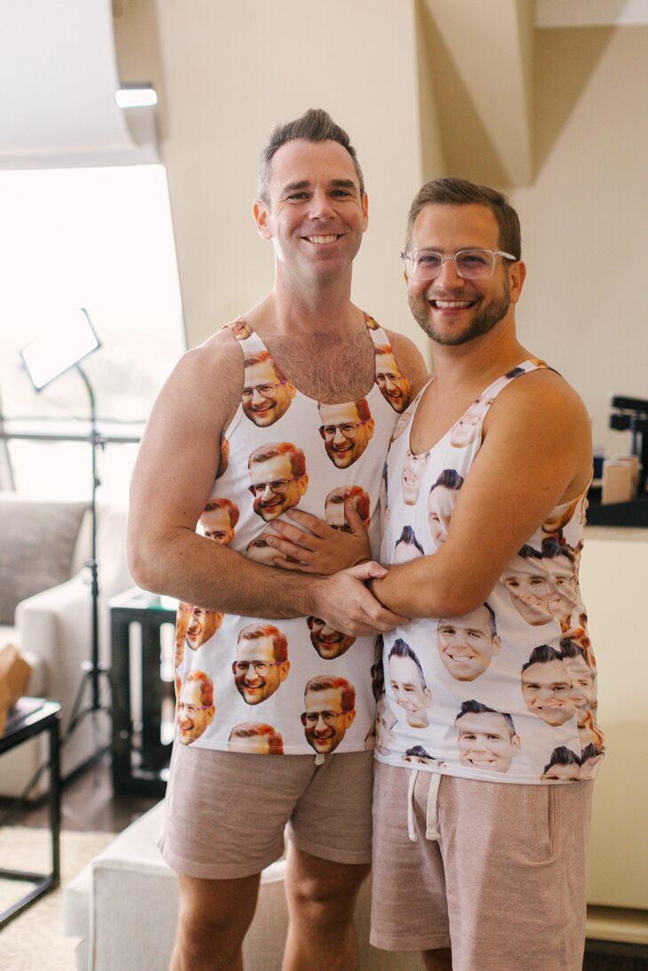 Grooms Getting Ready Together in Custom Tank Tops With Each Others' Faces