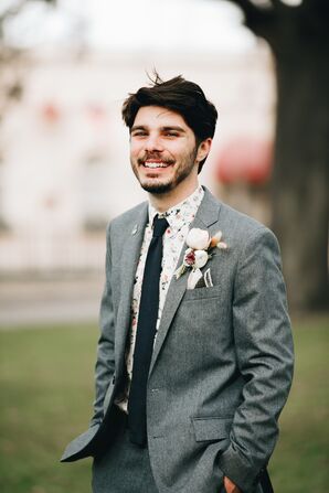 Southern Groom in Classic Gray Suit and Patterned Shirt, Tie and Pocket Square
