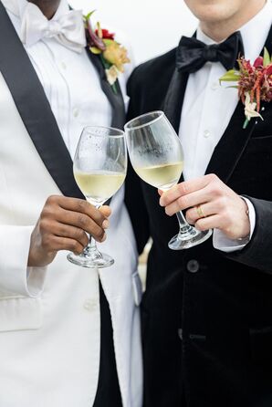 Grooms in Different Tuxedos, Colorful Boutonnieres Toast With Champagne