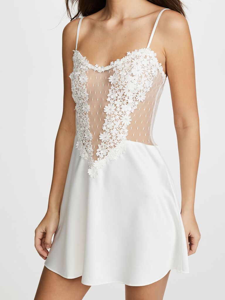 Classy white honeymoon chemise with floral appliqués
