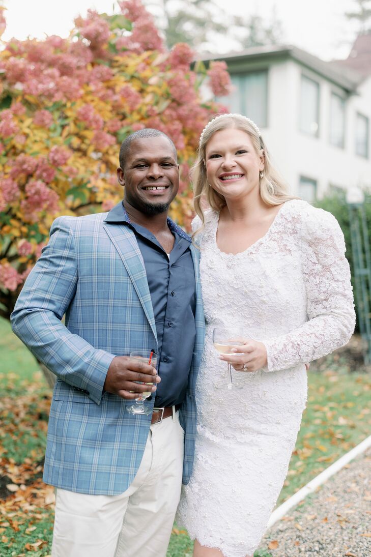 Bride in Vintage, Shortened Lace Dress, Headband and Groom in Blue Plaid Suit Jacket