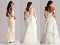 three wedding dresses with bustles