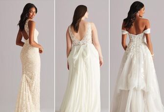 three wedding dresses with bustles