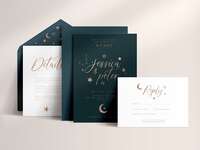 Gold calligraphy on navy background with moon and star details