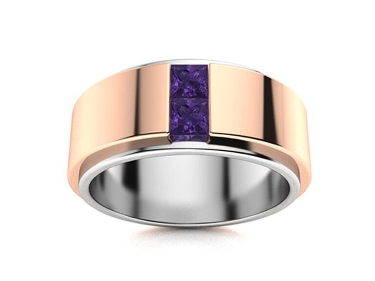 diamondere amethyst engagement ring with two square shaped amethysts and two tone plain rose gold and white gold metal band