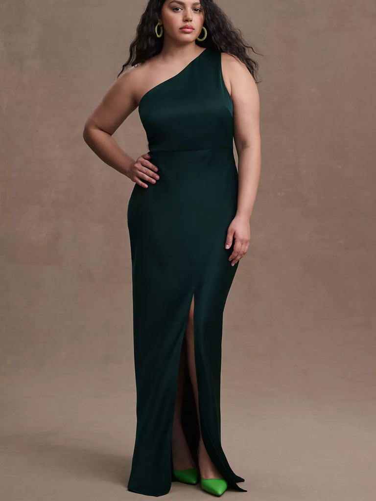 Green plus-size one-shoulder gown with side slit from BHLDN 