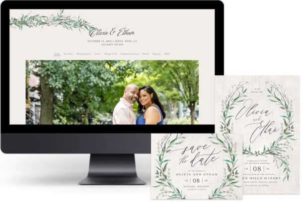 Green Natural Laurel wedding website design with matching paper suite