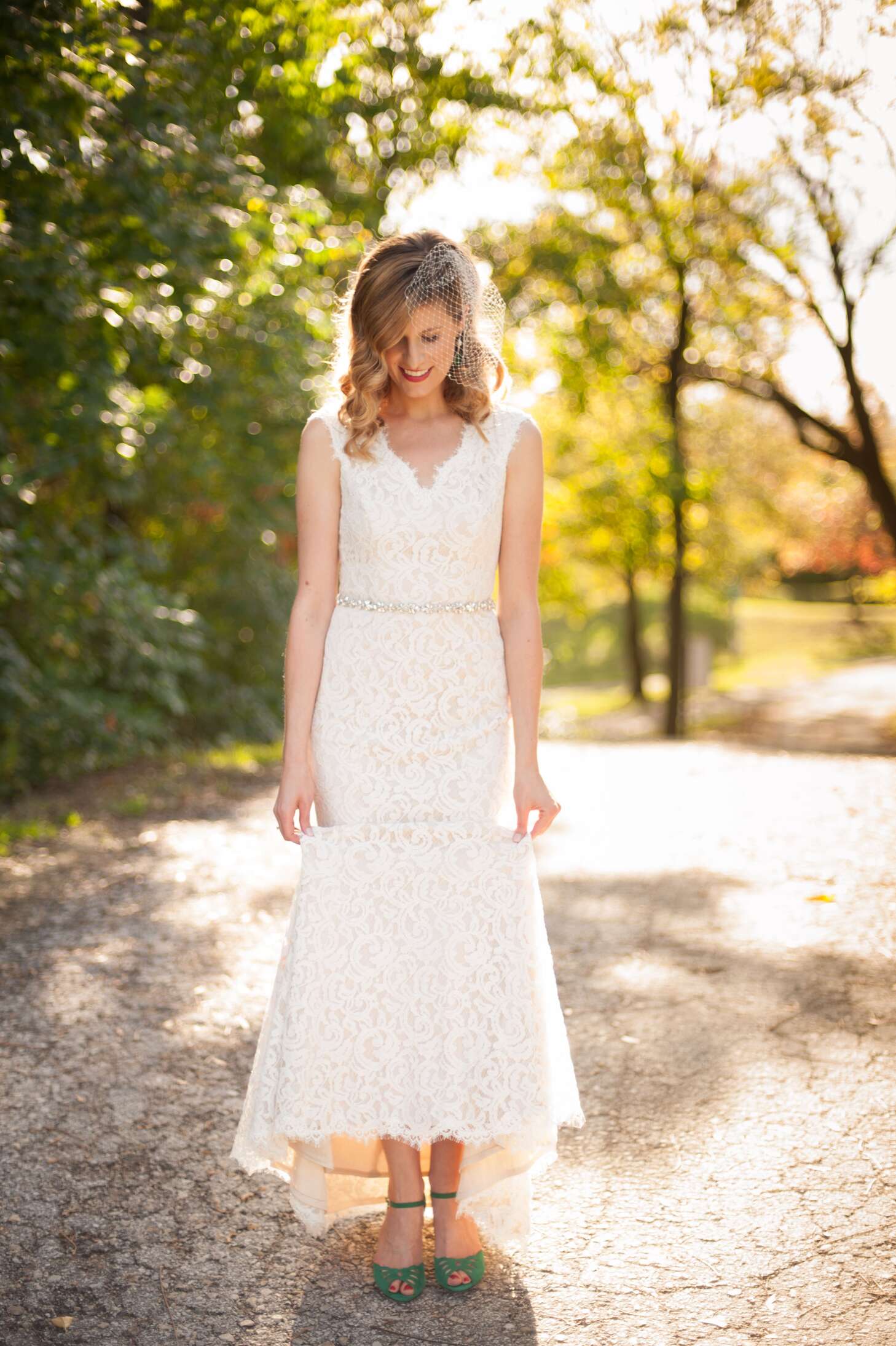 Ivory Lace Wedding Dress and Green Shoes