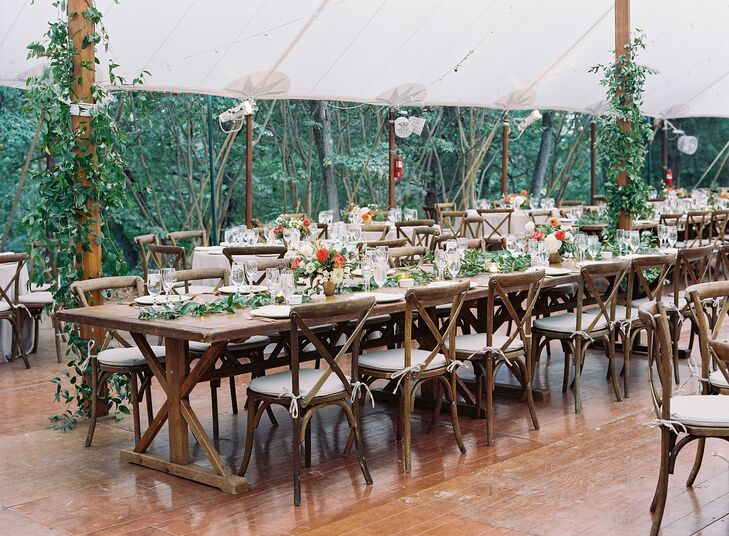 Farm Tables and Cross-Back Chairs for Tented Reception