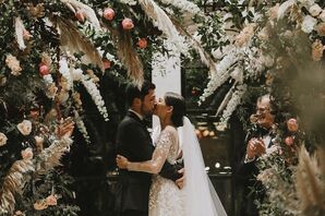 Romantic Couple with Roses, Pampas Grass and Delphiniums
