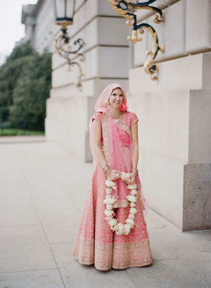 Bride in Pink Indian Lehenga Before Hindu Ceremony