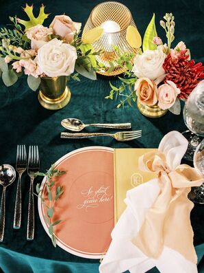 Emerald-and-Yellow Place Setting at The Caramel Room in St. Louis, Missouri