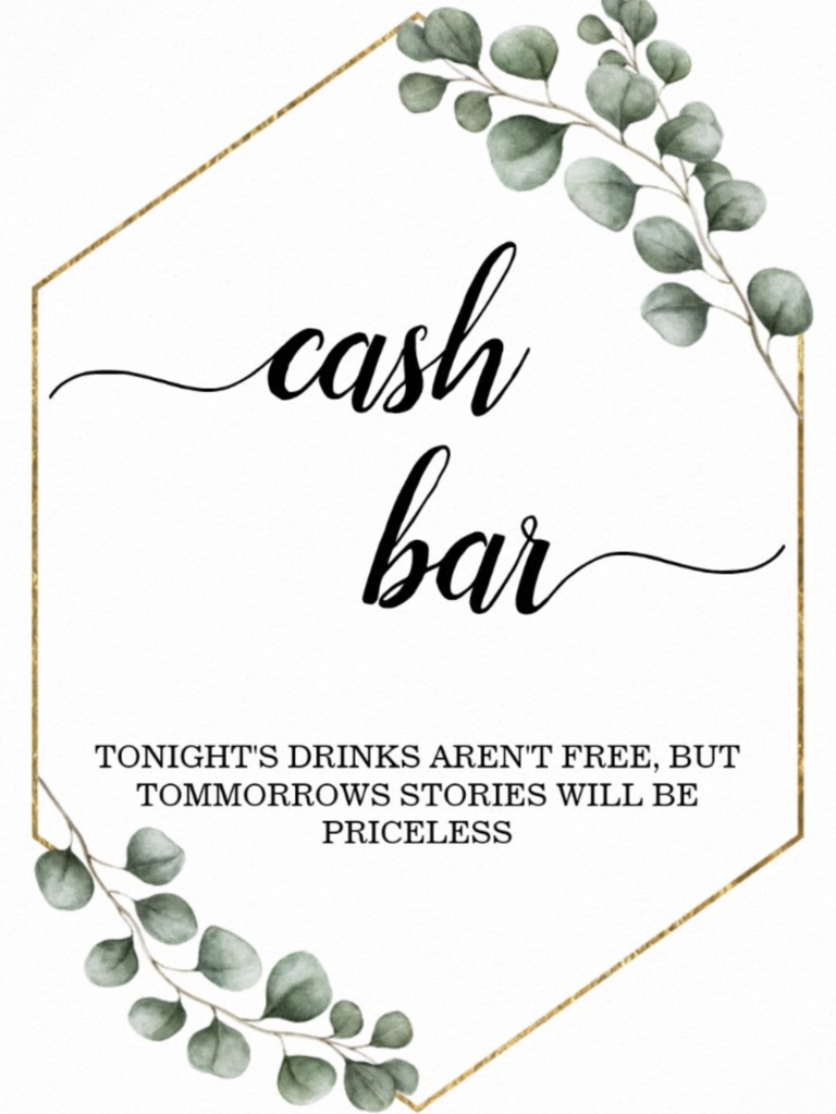 Eucalyptus and gold geometric cash bar sign for wedding