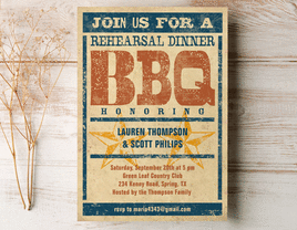 Rustic BBQ rehearsal dinner invitation poster.