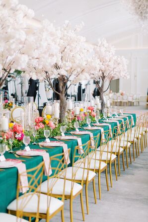 Reception Decor With Cherry Blossom Centerpieces, Emerald Linens and Gold Chairs