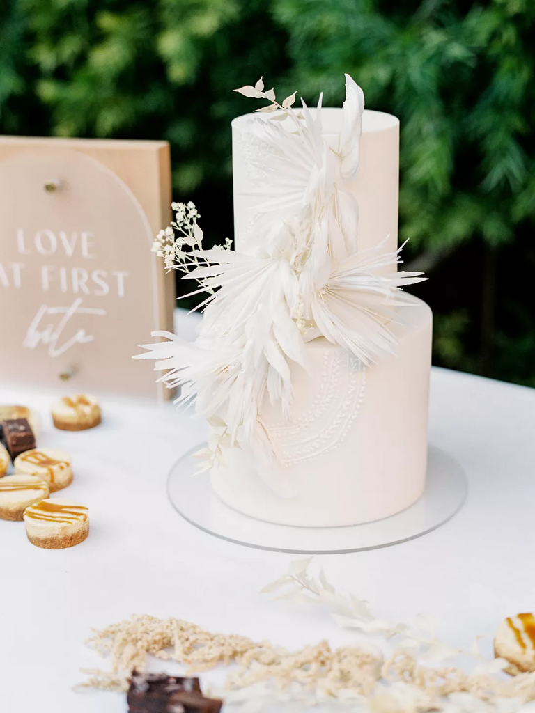 All-white feathery wedding cake