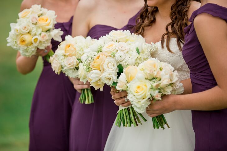 While Chantilly Floral Boutique designed whimsical centerpieces for the couple’s reception, they also complemented the couple’s religious ceremony with more classic arrangements. Each bridesmaid carried a bouquet of white and yellow roses, white hydrangeas and white tulips. Sarah carried an all-white bouquet that paired nicely with the floral embroidery on her A-line wedding dress.