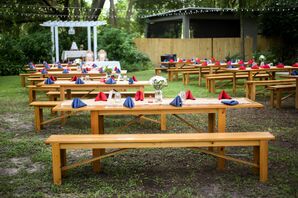 Picnic Table Reception with Blue and Red Napkins