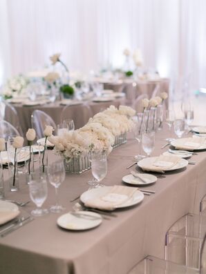 Modern Tablescape with Gray Linens and Minimal White Rose Centerpieces