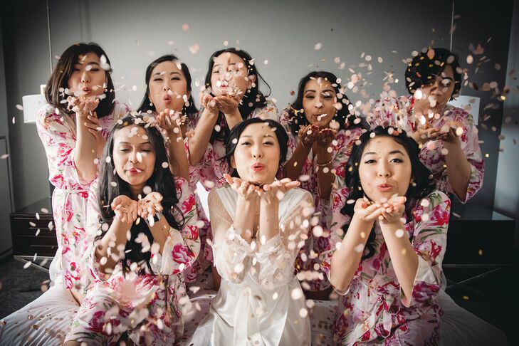 Bridesmaids Celebrating with Confetti While Getting Ready for Michigan Wedding