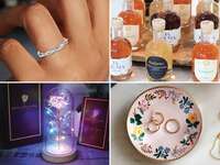 Collage of various gift items for her, including a ring, a rose sampler, a glass rose, and a ring dish. 