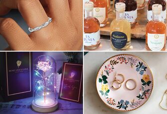 Collage of various gift items for her, including a ring, a rose sampler, a glass rose, and a ring dish. 