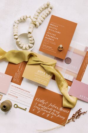 Terracotta-Hued Boho Wedding Invitation Suite With Mustard Ribbon
