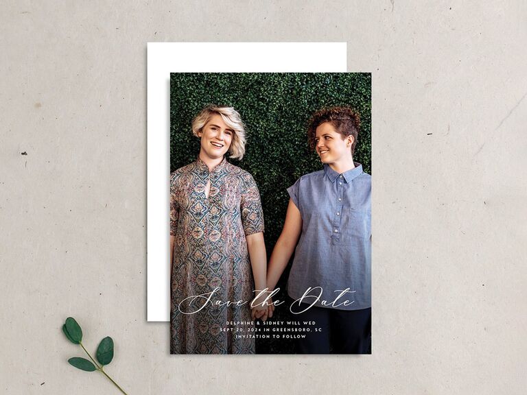 the knot white modern eucalyptus save the date with greenery and photo