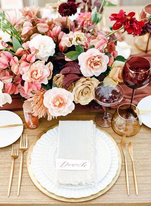 Rose Centerpieces and White-and-Gold Place Settings