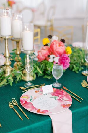 Place Setting With Emerald Linen, Gold Candlesticks and Patterned Peony Plates