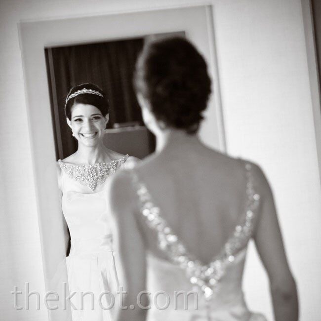 Kelley loved the retro look of this ball gown's jewel-covered mesh boatneck. She says it was too pretty to pass up.
