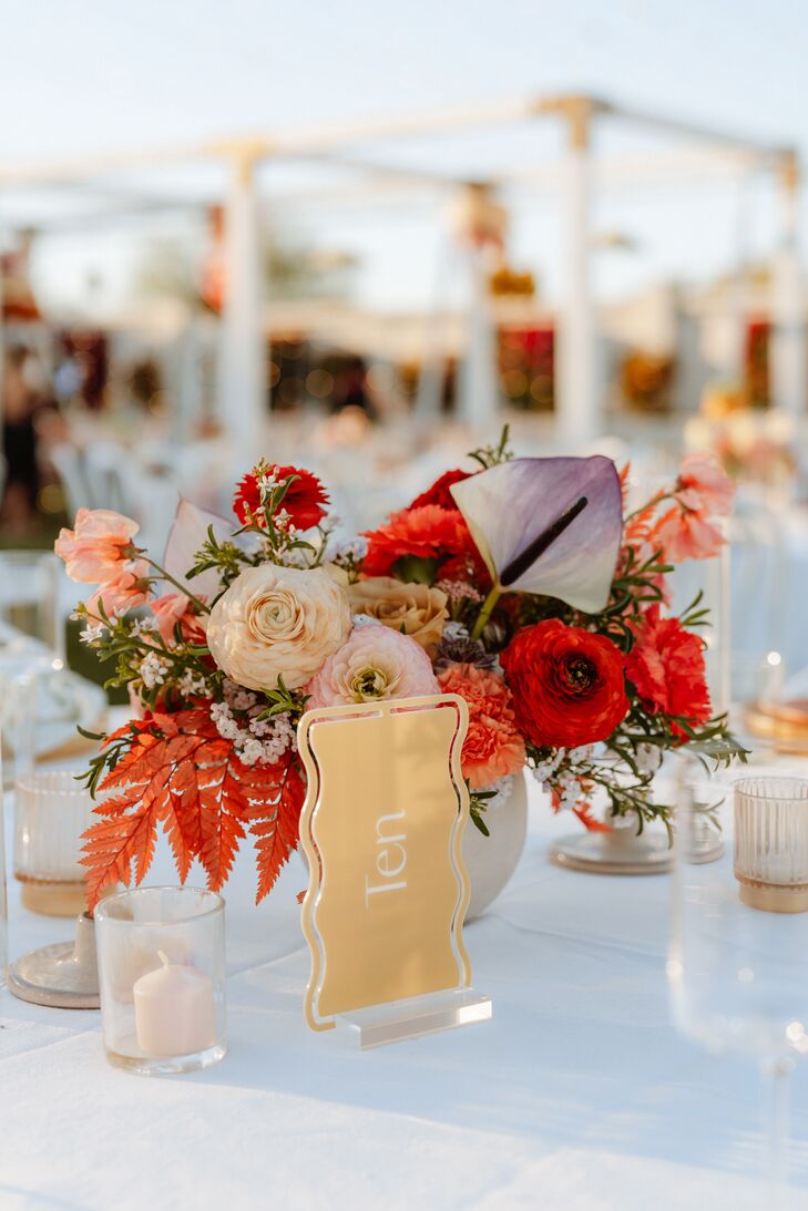 Low, Bright Floral Arrangement and Retro Yellow Table Number