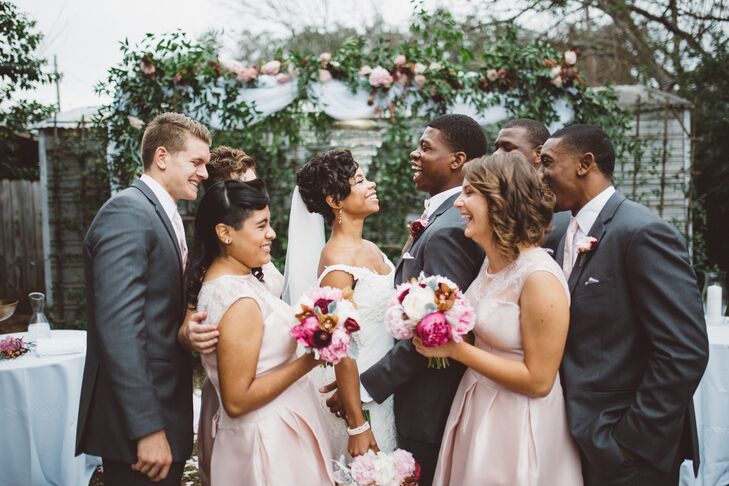 “My mother’s wedding fashions served as my inspiration for everything, especially the blush color of my bridesmaid dresses and the light ivory lace on my gown,” Morgan says. “I also wanted my girls to wear lace and satin to complement my dress and shoes.” The bride-to-be found the perfect fit in a shimmery blush A-line Vera Wang gown. “My bridesmaid dresses were also the generous gift of bridal designer Viola Chan, whom I met during a visit she made to her son at the University of Tampa during my senior year.”